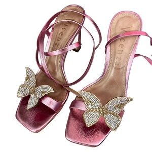 Anthropologie Vicenza Embellished Butterfly Wrap Heels Metallic Pink